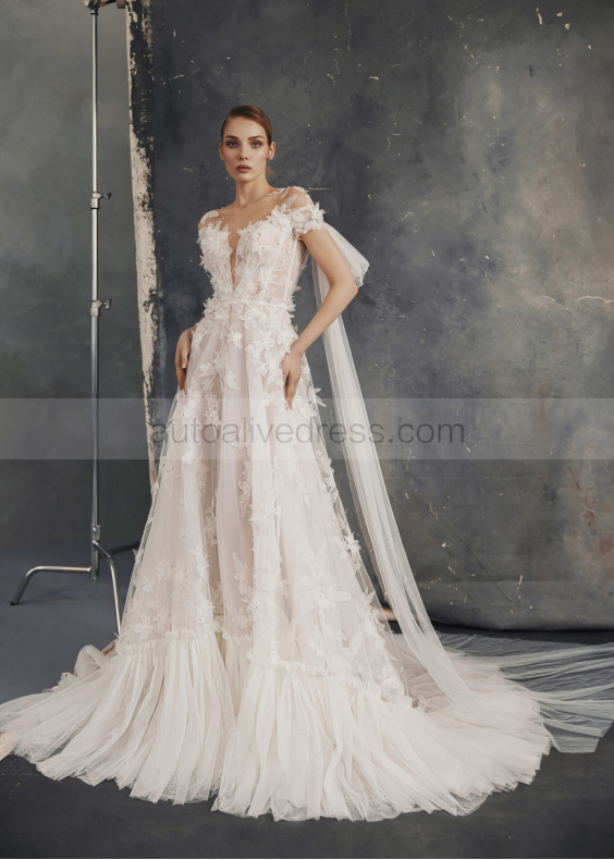 Short Sleeves Ivory Blooming Floral Lace Tulle Wedding Dress